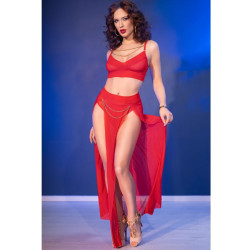 Chilirose - Cr 4850 Ensemble Top Et Leggings Rouge Avec Accessoires Dorés M